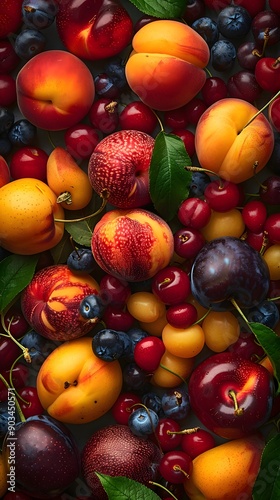 Top view of a variety of fresh stone fruits, including plums, cherries, and peaches, creating a vivid background.