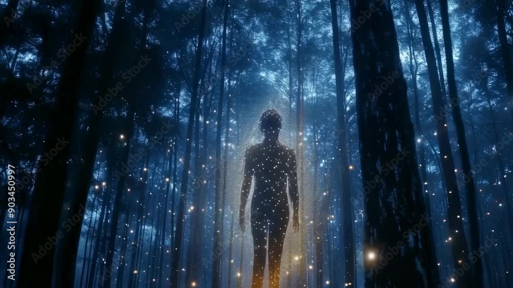 A figure is standing in a dark forest at night, enveloped in glowing lights. The ethereal scene is atmospheric and surreal, with tall trees and dense fog adding a mysterious mood. The figure's age, A figure is standing in a dark forest at night, enveloped in glowing lights. The ethereal scene is atmospheric and surreal, with tall trees and dense fog adding a mysterious mood. The figure's age,