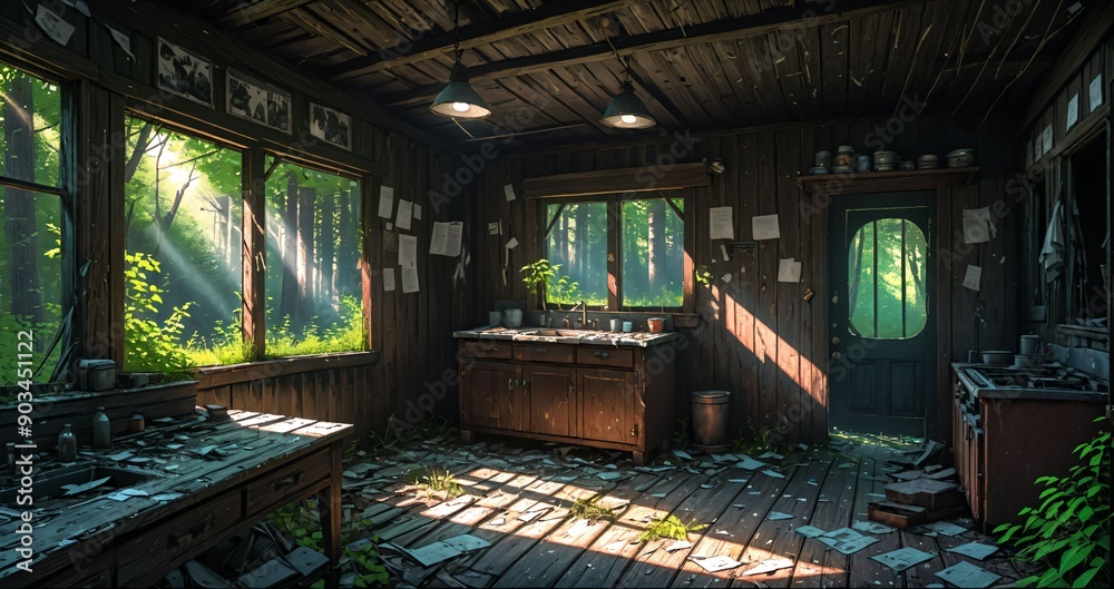 woodland old abandoned house cabin interior in the woodland woods on a sunny summer day. overgrown wooden home with sunlight coming through windows in the forest. woodland old abandoned house cabin interior in the woodland woods on a sunny summer day. overgrown wooden home with sunlight coming through windows in the forest.