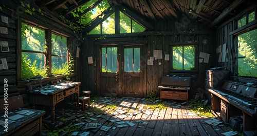 woodland old abandoned house cabin interior in the woodland woods on a sunny summer day. overgrown wooden home with sunlight coming through windows in the forest.