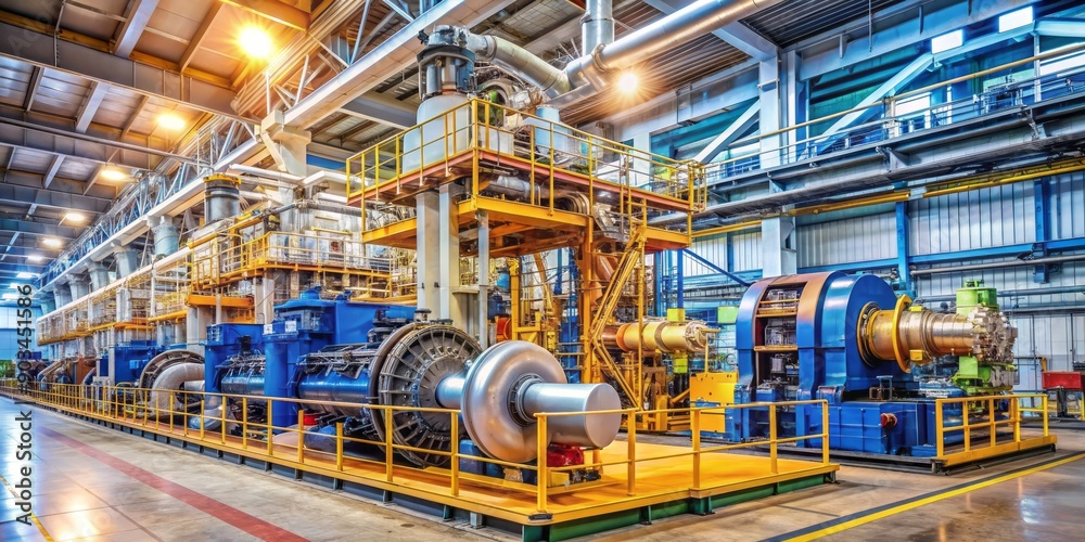 High-precision industrial machinery engine undergoes assembly in a well-lit manufacturing plant facility, showcasing complex oilfield refinery equipment in a clean and organized environment. High-precision industrial machinery engine undergoes assembly in a well-lit manufacturing plant facility, showcasing complex oilfield refinery equipment in a clean and organized environment.