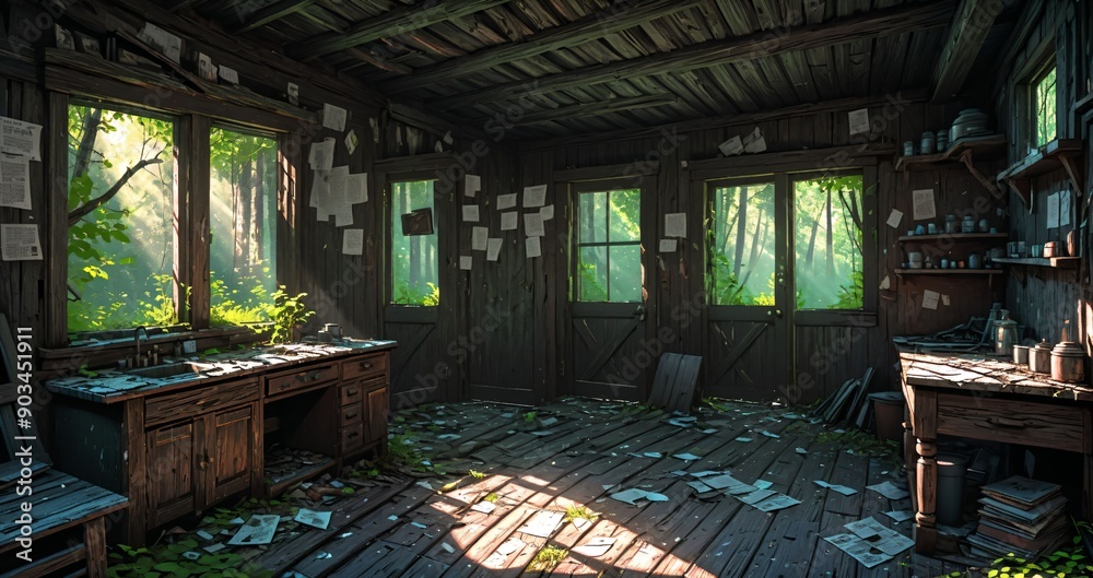 woodland old abandoned house cabin interior in the woodland woods on a sunny summer day. overgrown wooden home with sunlight coming through windows in the forest. woodland old abandoned house cabin interior in the woodland woods on a sunny summer day. overgrown wooden home with sunlight coming through windows in the forest.