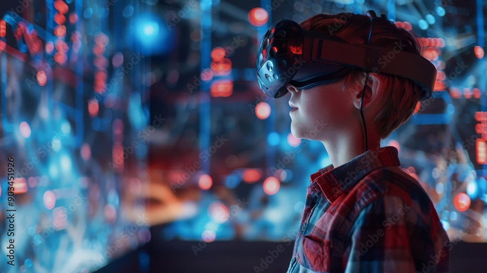 Fototapeta premium Young boy immersed in virtual reality experience, wearing VR headset and exploring futuristic digital environment with glowing neon lights.