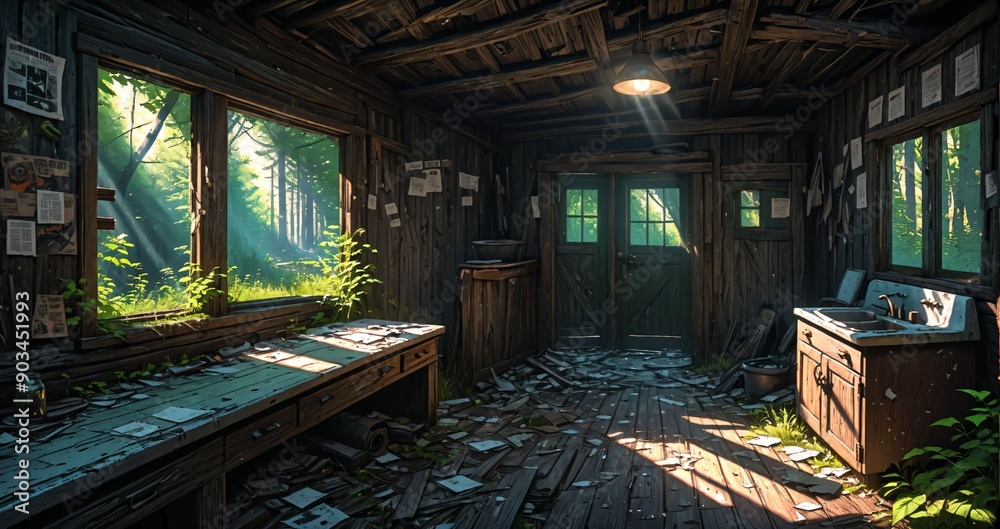 woodland old abandoned house cabin interior in the woodland woods on a sunny summer day. overgrown wooden home with sunlight coming through windows in the forest. woodland old abandoned house cabin interior in the woodland woods on a sunny summer day. overgrown wooden home with sunlight coming through windows in the forest.