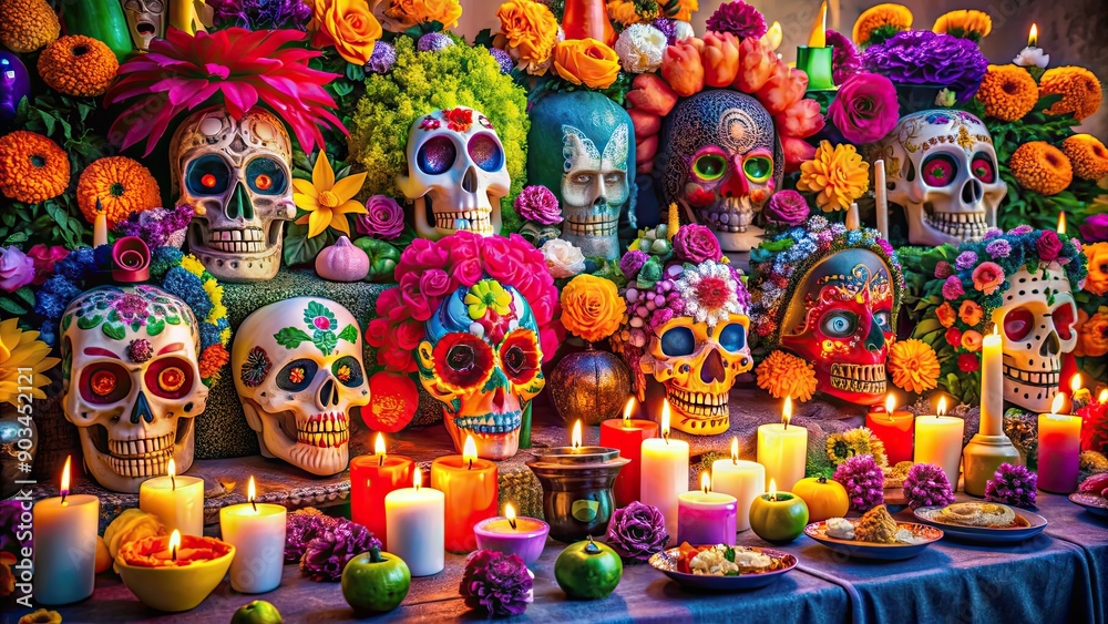 Vibrant Day of the Dead celebration in Mexico, traditional, festival, colorful, skull makeup, marigold flowers Vibrant Day of the Dead celebration in Mexico, traditional, festival, colorful, skull makeup, marigold flowers