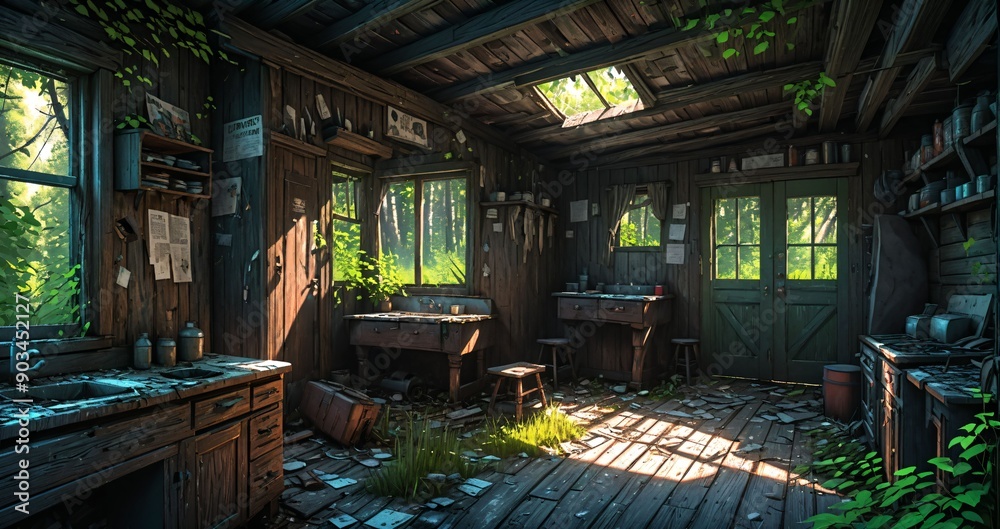 woodland old abandoned house cabin interior in the woodland woods on a sunny summer day. overgrown wooden home with sunlight coming through windows in the forest. woodland old abandoned house cabin interior in the woodland woods on a sunny summer day. overgrown wooden home with sunlight coming through windows in the forest.