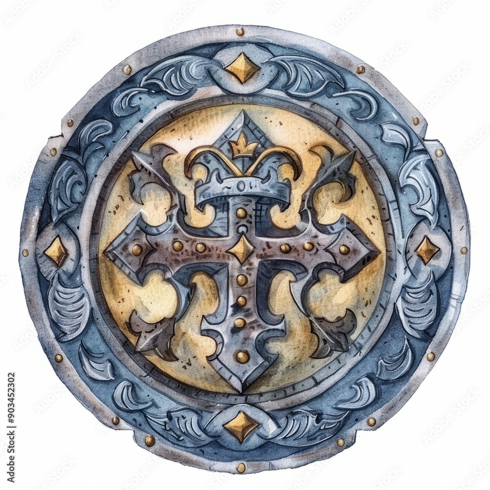 Watercolor painting of a medieval-style medallion with a knight's crest and armor details, on isolated white background, Generative AI Watercolor painting of a medieval-style medallion with a knight's crest and armor details, on isolated white background, Generative AI