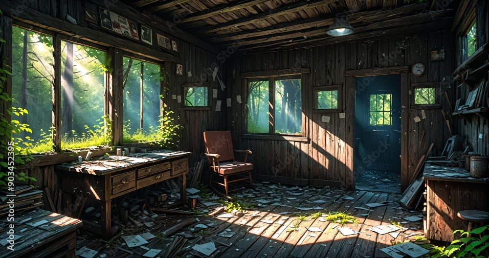 woodland old abandoned house cabin interior in the woodland woods on a sunny summer day. overgrown wooden home with sunlight coming through windows in the forest. woodland old abandoned house cabin interior in the woodland woods on a sunny summer day. overgrown wooden home with sunlight coming through windows in the forest.