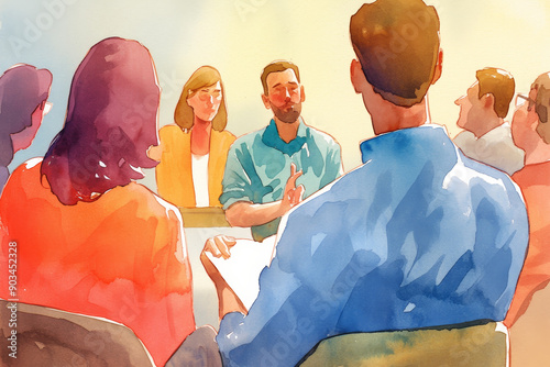 Watercolor Illustration of Group Discussion in Office Setting