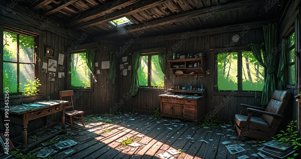 woodland old abandoned house cabin interior in the woodland woods on a sunny summer day. overgrown wooden home with sunlight coming through windows in the forest.
