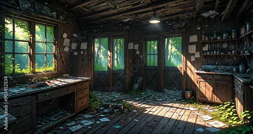 woodland old abandoned house cabin interior in the woodland woods on a sunny summer day. overgrown wooden home with sunlight coming through windows in the forest.
