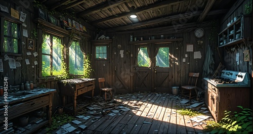 woodland old abandoned house cabin interior in the woodland woods on a sunny summer day. overgrown wooden home with sunlight coming through windows in the forest.