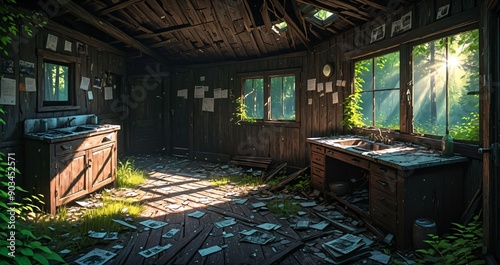 woodland old abandoned house cabin interior in the woodland woods on a sunny summer day. overgrown wooden home with sunlight coming through windows in the forest.