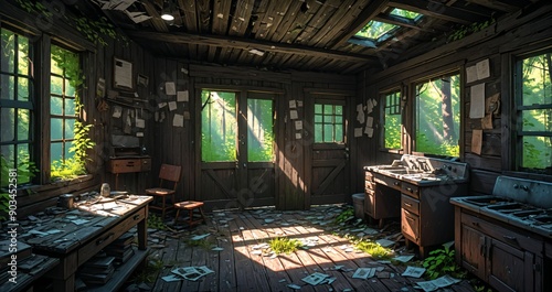 woodland old abandoned house cabin interior in the woodland woods on a sunny summer day. overgrown wooden home with sunlight coming through windows in the forest.