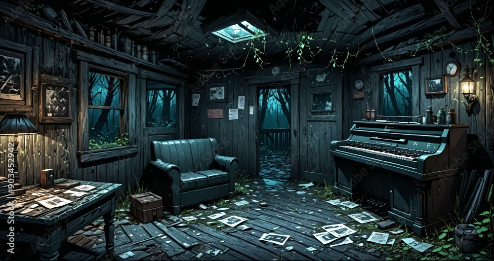interior of abandoned ransacked cabin lodge in the mountains woods wilderness during raining rain storm thunderstorm night. old wood home in the wild dark forest woodlands. interior of abandoned ransacked cabin lodge in the mountains woods wilderness during raining rain storm thunderstorm night. old wood home in the wild dark forest woodlands.