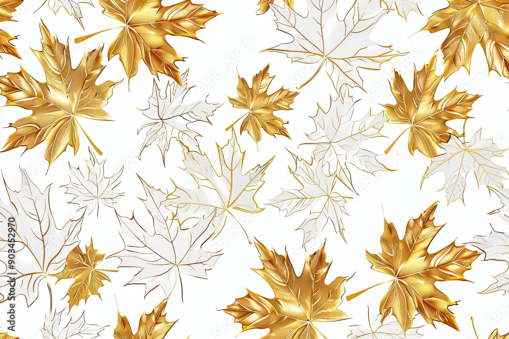 A pattern with a cartoonistic illustration of a white and gold leaves white background. Thick cartoon lines A pattern with a cartoonistic illustration of a white and gold leaves white background. Thick cartoon lines