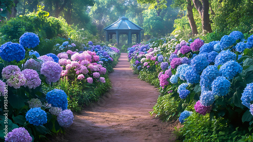 A garden pathway lined with blooming hydrangeas in shades of blue, pink, and purple, leading towards a distant gazebo 