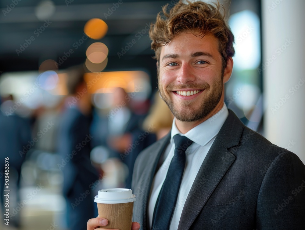 Networking and Socializing in Business: Confident Professional in Suit Enjoying a Coffee at Corporate Event