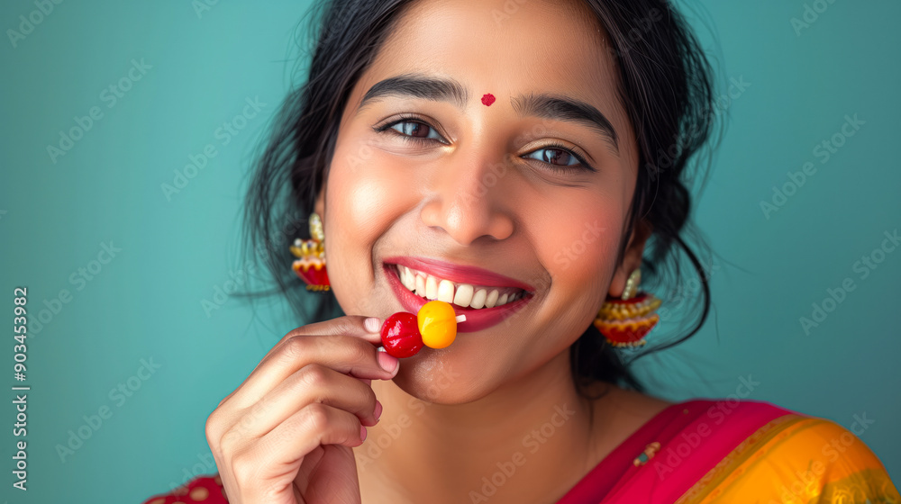 Happy Indian woman wearing saree, holding candy Happy Indian woman wearing saree, holding candy
