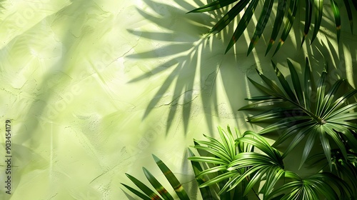 Lime with palm leaves shadow on a pastel lime green background. Zesty summer vibe.