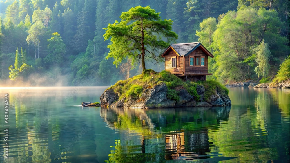 Small house floating on rock above water surrounded by lush green trees, tranquil, isolated, escape, nature, peaceful, serene Small house floating on rock above water surrounded by lush green trees, tranquil, isolated, escape, nature, peaceful, serene