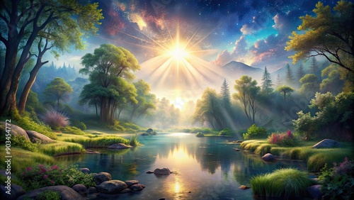 A magical landscape bathed in holy and divine light, spiritual, ethereal, celestial, glowing, majestic, paradise, heaven