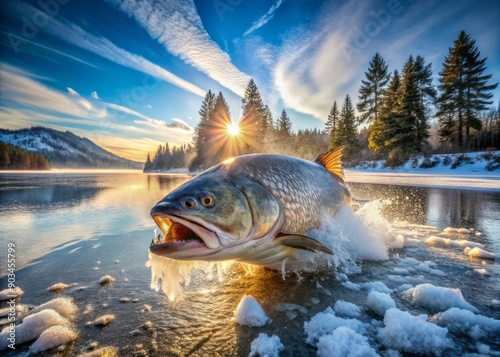 Magnificent large fish breaks through frozen lake's surface, its scales glistening in the winter sun, surrounded by snow-covered trees and icy landscape serenity. photo