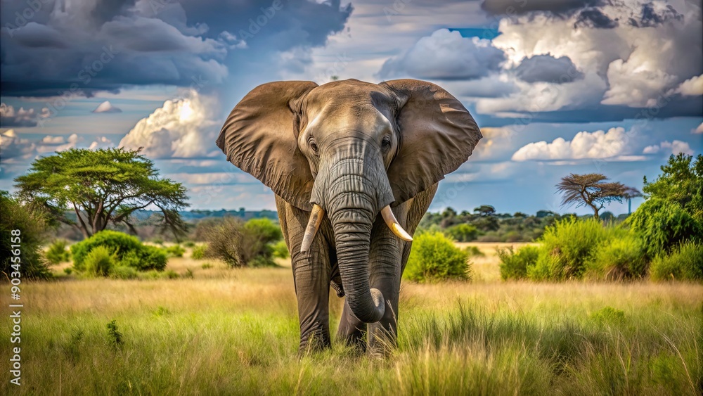 Fototapeta premium An elephant standing majestically in the Kruger National Park savannah, elephant, wildlife, Kruger National Park