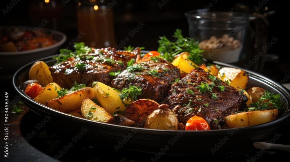 delicious pot roast meat with black and blur background delicious pot roast meat with black and blur background