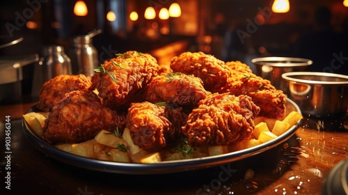 Delicious fried chicken with sweet and sour sauce on a wooden table with a blurred background