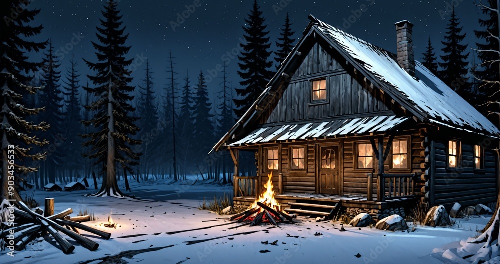 wooden cabin lodge home with bonfire firepit fire in the woodland forest mountains wilderness during night surrounded by pine trees and snow isolation. wood cottage in snowy winter. wooden cabin lodge home with bonfire firepit fire in the woodland forest mountains wilderness during night surrounded by pine trees and snow isolation. wood cottage in snowy winter.