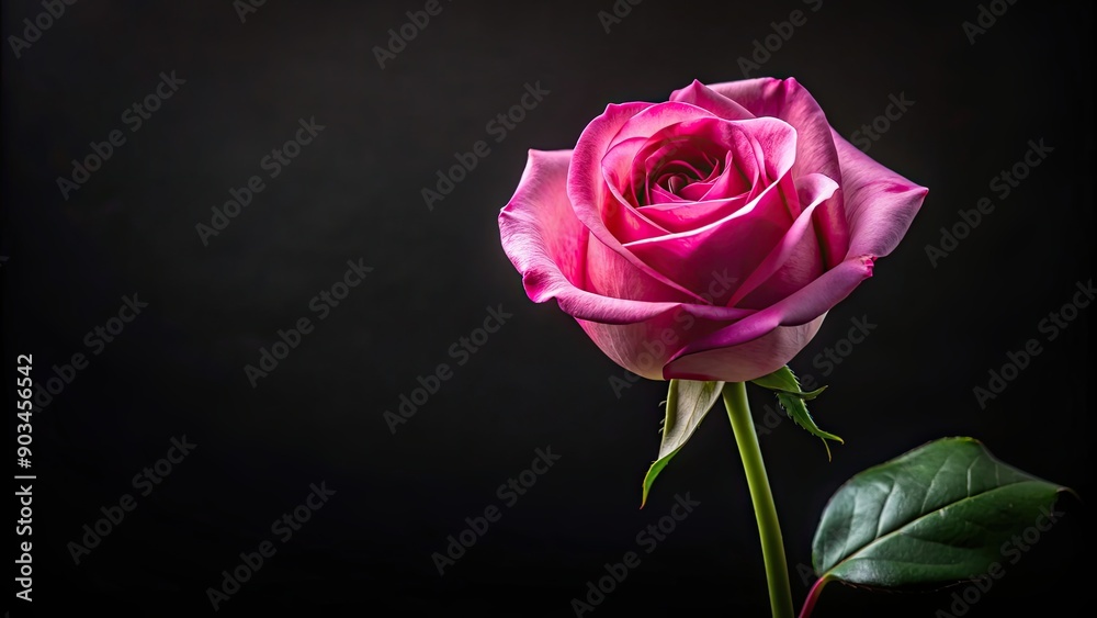 Naklejka premium Pink rose standing out against a black background , pink, rose, flower, black, background, contrast, unique, elegant, beauty, isolated