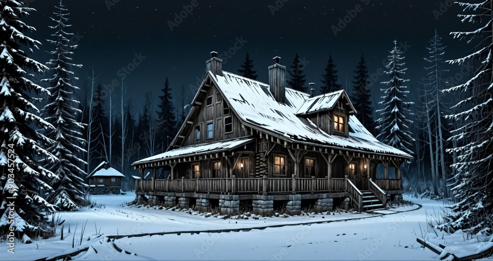 Fototapeta premium wooden cabin lodge home in the woodland forest mountains wilderness during night surrounded by pine trees and snow isolation. wood cottage in snowy winter.