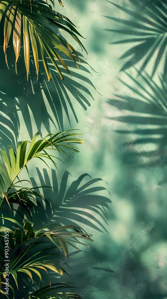 Guava with palm leaves shadow on a pastel mint green background. Refreshing tropical summer.