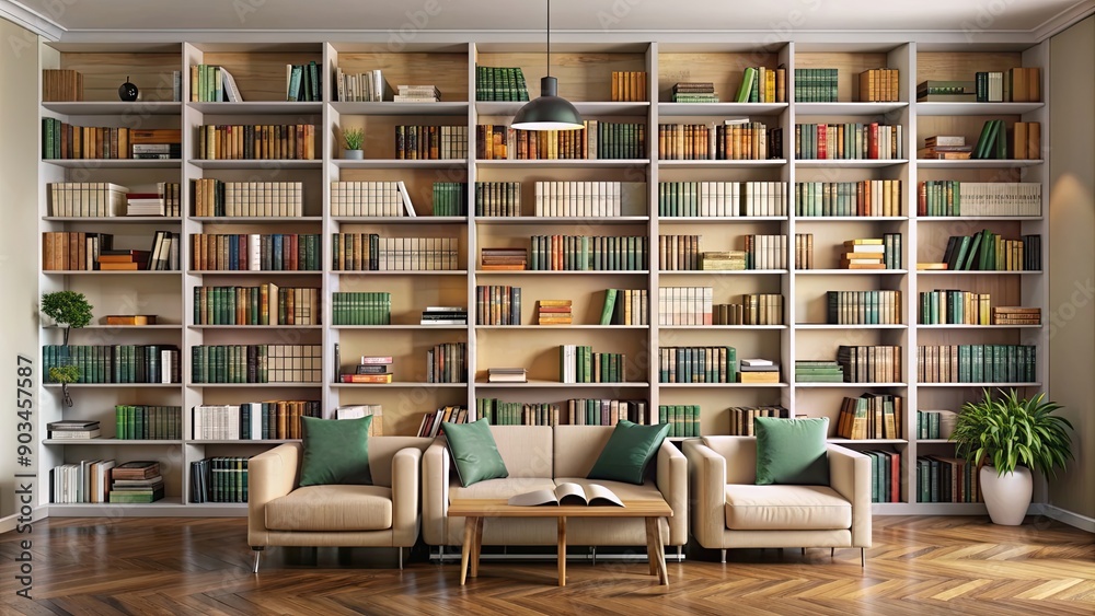 Fototapeta premium Home library featuring bookshelves mounted on the wall, books, education, reading, literature, self-improvement