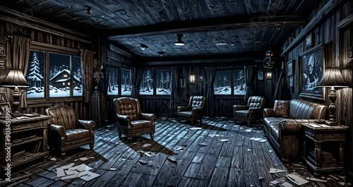 interior of abandoned ransacked cabin lodge in the mountains woods wilderness at night. old wood home in the wild dark arctic tundra.