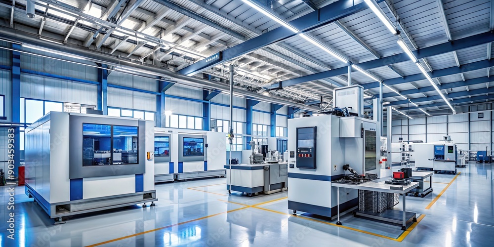 High-tech machining center in modern factory setting, machinery, CNC, technology, manufacturing, industrial High-tech machining center in modern factory setting, machinery, CNC, technology, manufacturing, industrial