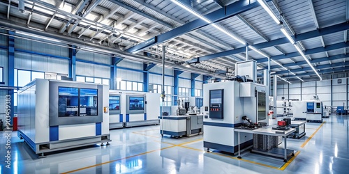 High-tech machining center in modern factory setting, machinery, CNC, technology, manufacturing, industrial