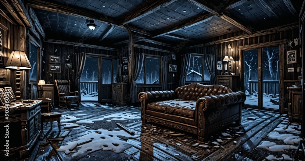 interior of abandoned ransacked cabin lodge in the mountains woods wilderness at night. old wood home in the wild dark arctic tundra. interior of abandoned ransacked cabin lodge in the mountains woods wilderness at night. old wood home in the wild dark arctic tundra.