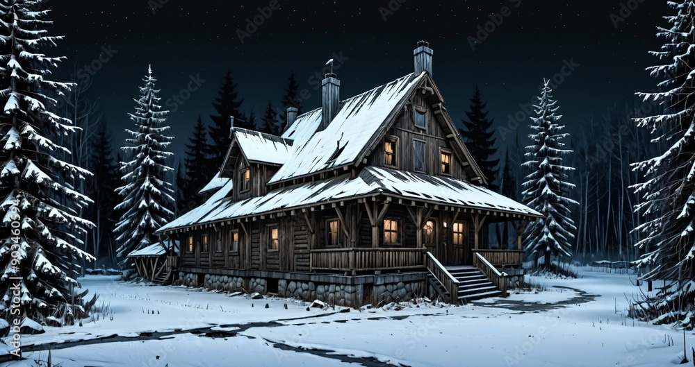 Fototapeta premium wooden cabin lodge home in the woodland forest mountains wilderness during night surrounded by pine trees and snow isolation. wood cottage in snowy winter.