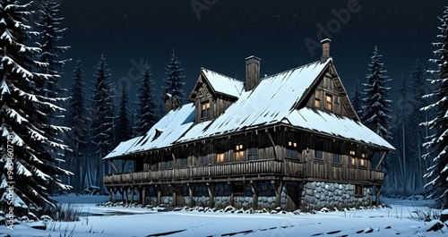 wooden cabin lodge home in the woodland forest mountains wilderness during night surrounded by pine trees and snow isolation. wood cottage in snowy winter. photo