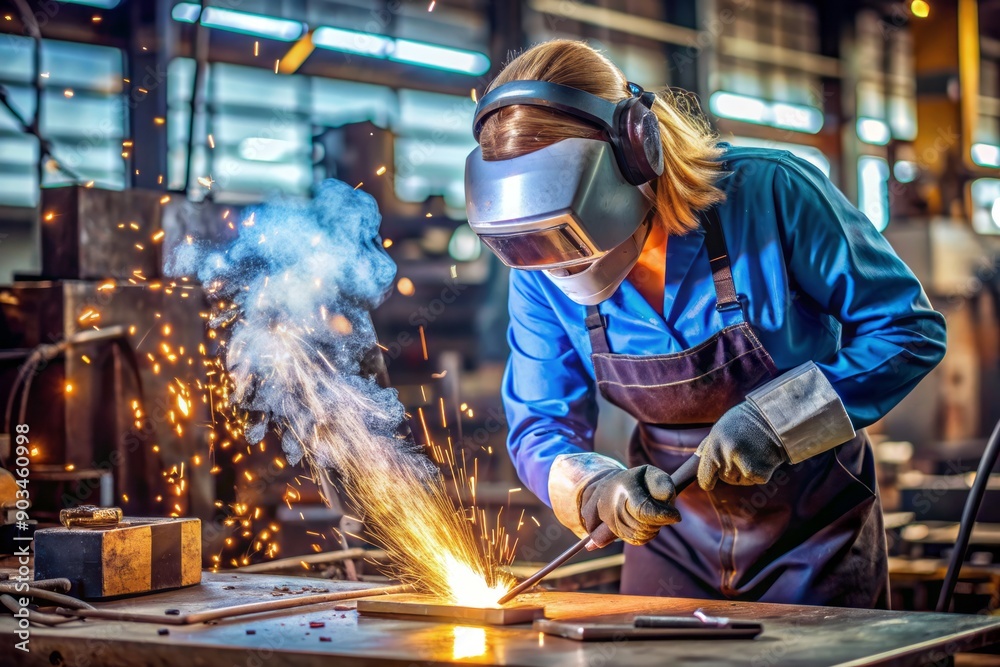Female welder in protective gear and mask operates welding machine, sparks flying, in a cluttered workshop with metal tools and equipment scattered around her.