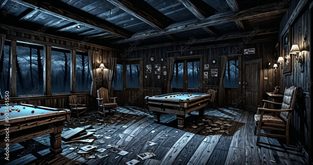 cabin house interior with view of the foggy hazy woodland forest woods in the morning. old abandoned post apocalyptic hallway living room corridor inside wood house. cabin house interior with view of the foggy hazy woodland forest woods in the morning. old abandoned post apocalyptic hallway living room corridor inside wood house.