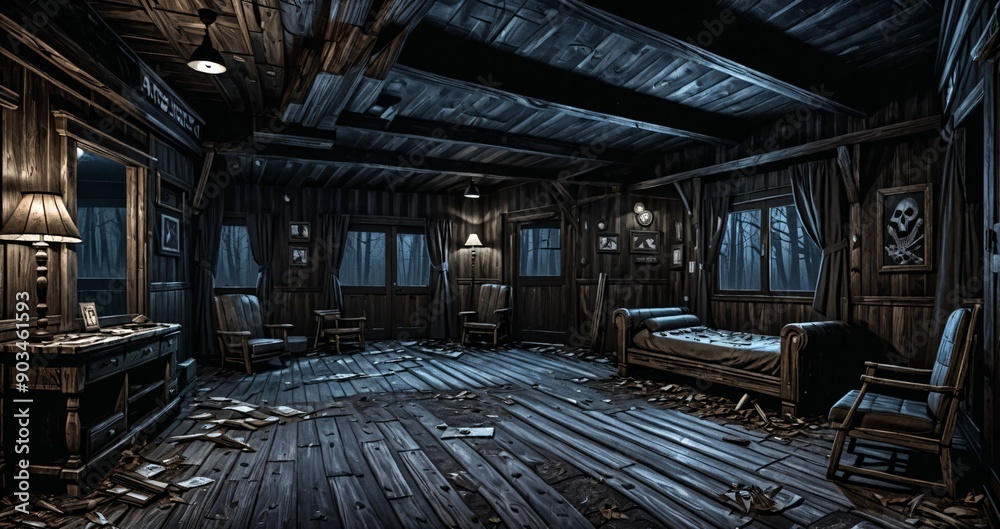 cabin house interior with view of the foggy hazy woodland forest woods in the morning. old abandoned post apocalyptic hallway living room corridor inside wood house. cabin house interior with view of the foggy hazy woodland forest woods in the morning. old abandoned post apocalyptic hallway living room corridor inside wood house.