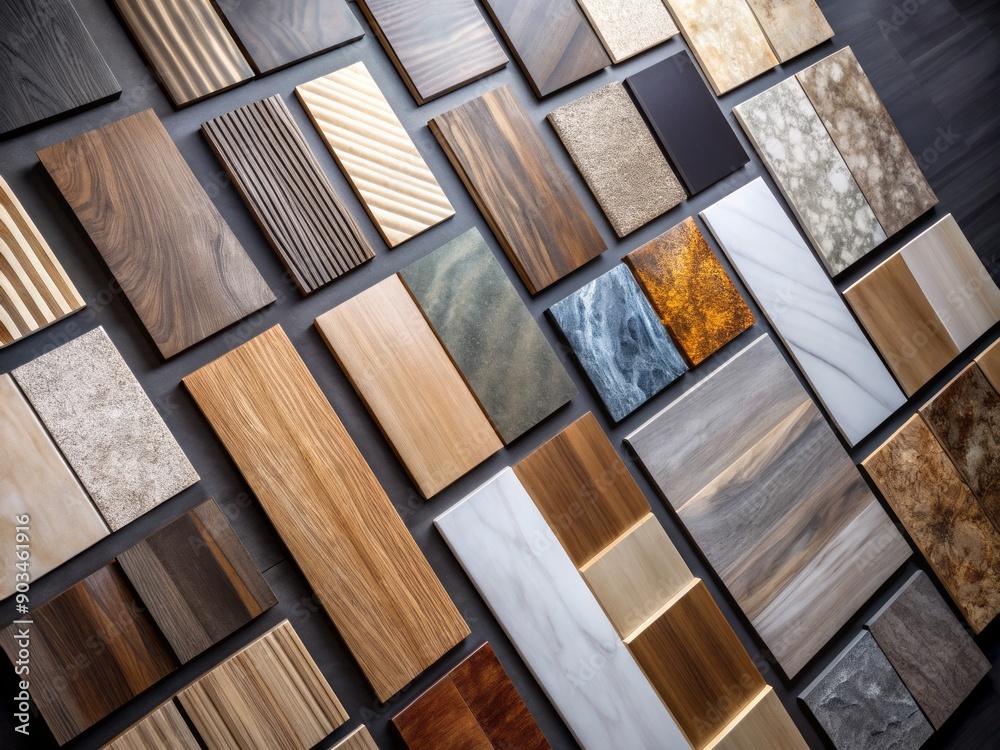 Assorted laminate and vinyl floor tile samples in various colors and patterns, arranged on a sleek black wooden background, showcasing different design options. Assorted laminate and vinyl floor tile samples in various colors and patterns, arranged on a sleek black wooden background, showcasing different design options.