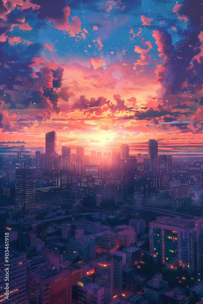 Fototapeta premium A huge modern city of skyscrapers at sunset, shining with bright lights, looks confidently into the future. The concept of urbanization, the development of new technologies, future will come tomorrow.