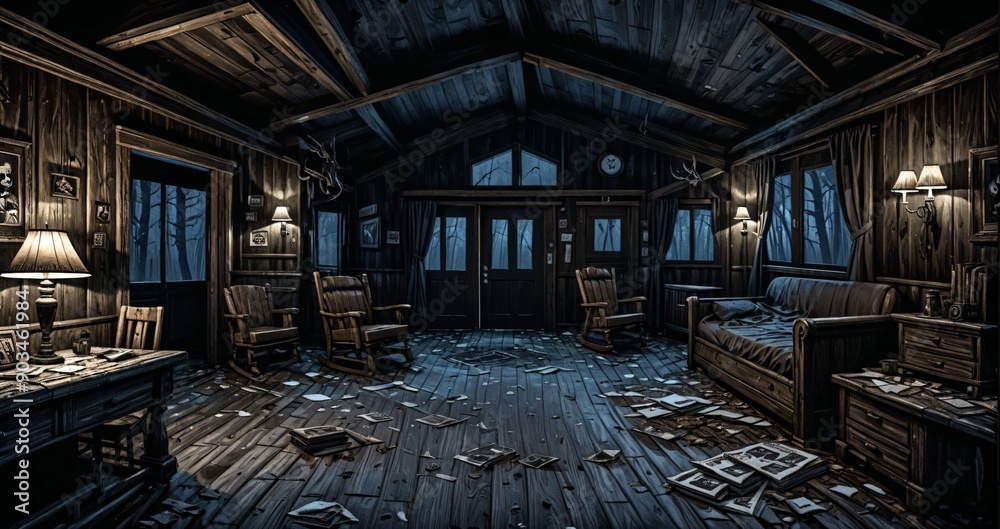 cabin house interior with view of the foggy hazy woodland forest woods in the morning. old abandoned post apocalyptic hallway living room corridor inside wood house. cabin house interior with view of the foggy hazy woodland forest woods in the morning. old abandoned post apocalyptic hallway living room corridor inside wood house.