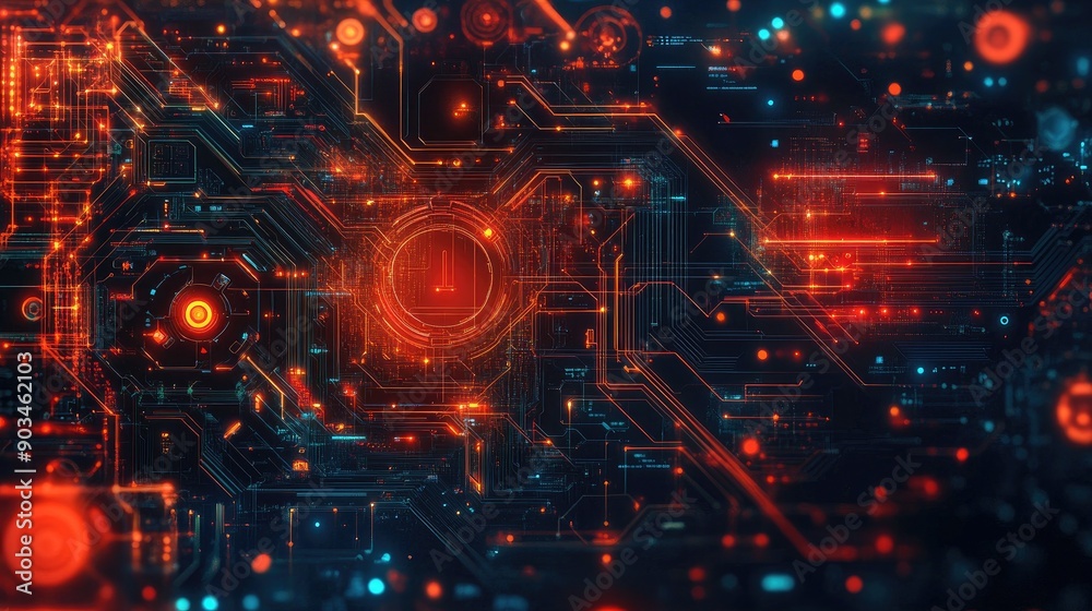 Obraz premium Futuristic digital circuit board with glowing red and blue lights, representing advanced technology and innovation.