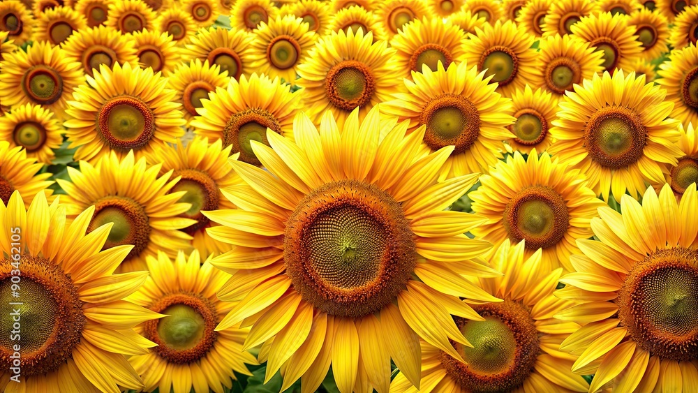 Fototapeta premium A mesmerizing large scale pattern of blooming sunflowers , sunflower, blooms, yellow, field, agriculture, beauty, nature, petals