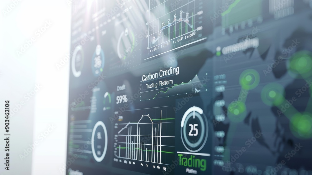 A screen displaying various data visualizations and charts related to carbon crediting, environmental analytics, and trading platforms, highlighting green technology and sustainability efforts. A screen displaying various data visualizations and charts related to carbon crediting, environmental analytics, and trading platforms, highlighting green technology and sustainability efforts.